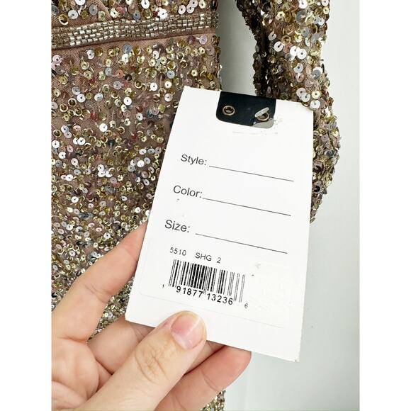 Mac Duggal 5510 Gold Puff Shoulder Sequined Surplice Gown 2 NEW - Picture 5 of 8